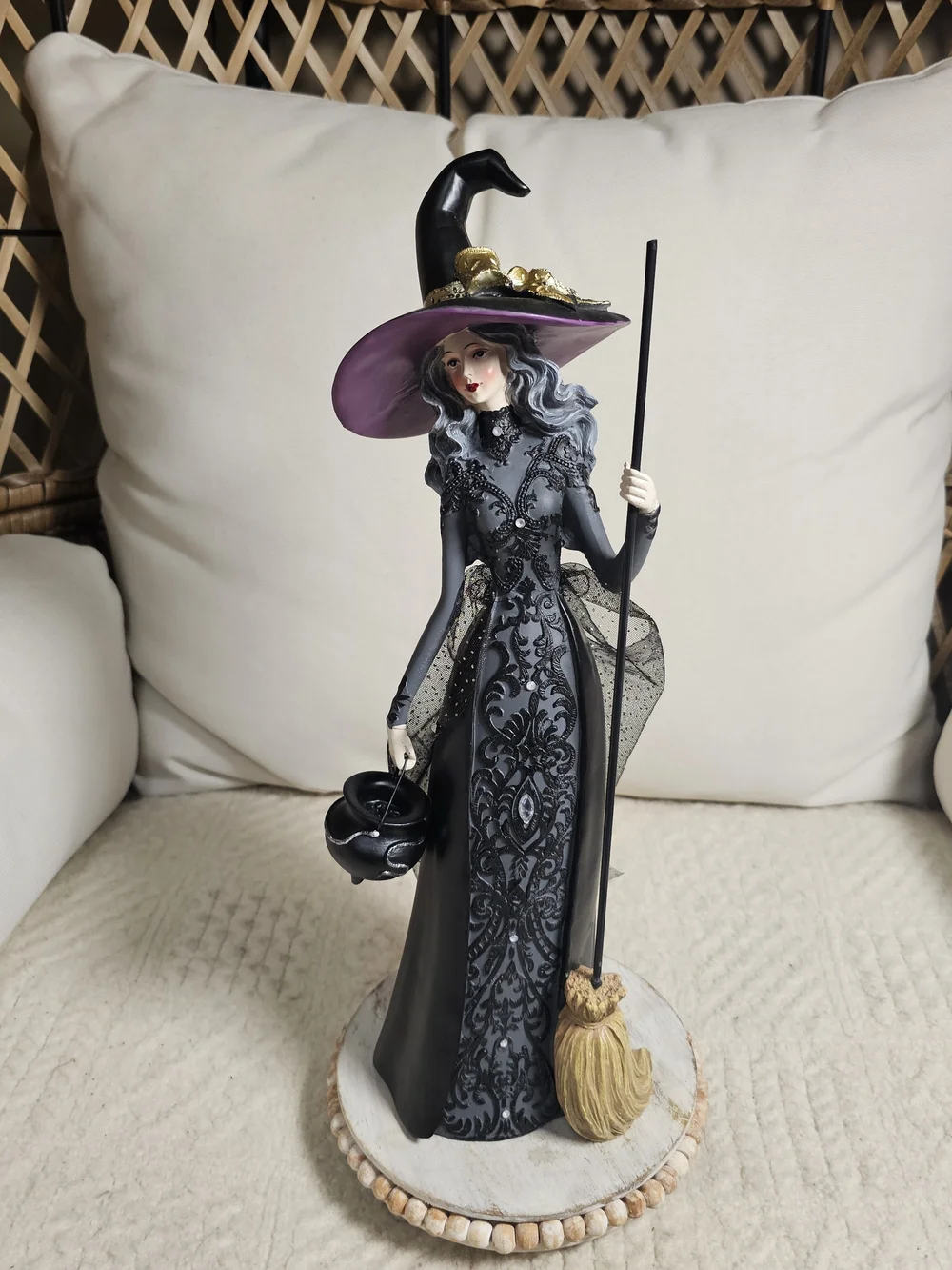 Elegant Gothic Witch Figurine Halloween Decor Black Gold Tulle Gown Broom